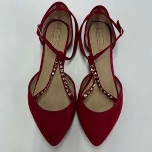 Zara Flats Womens 39 8 Red Pointed Toe Strappy Ankle Wrap Studded Faux Suede
